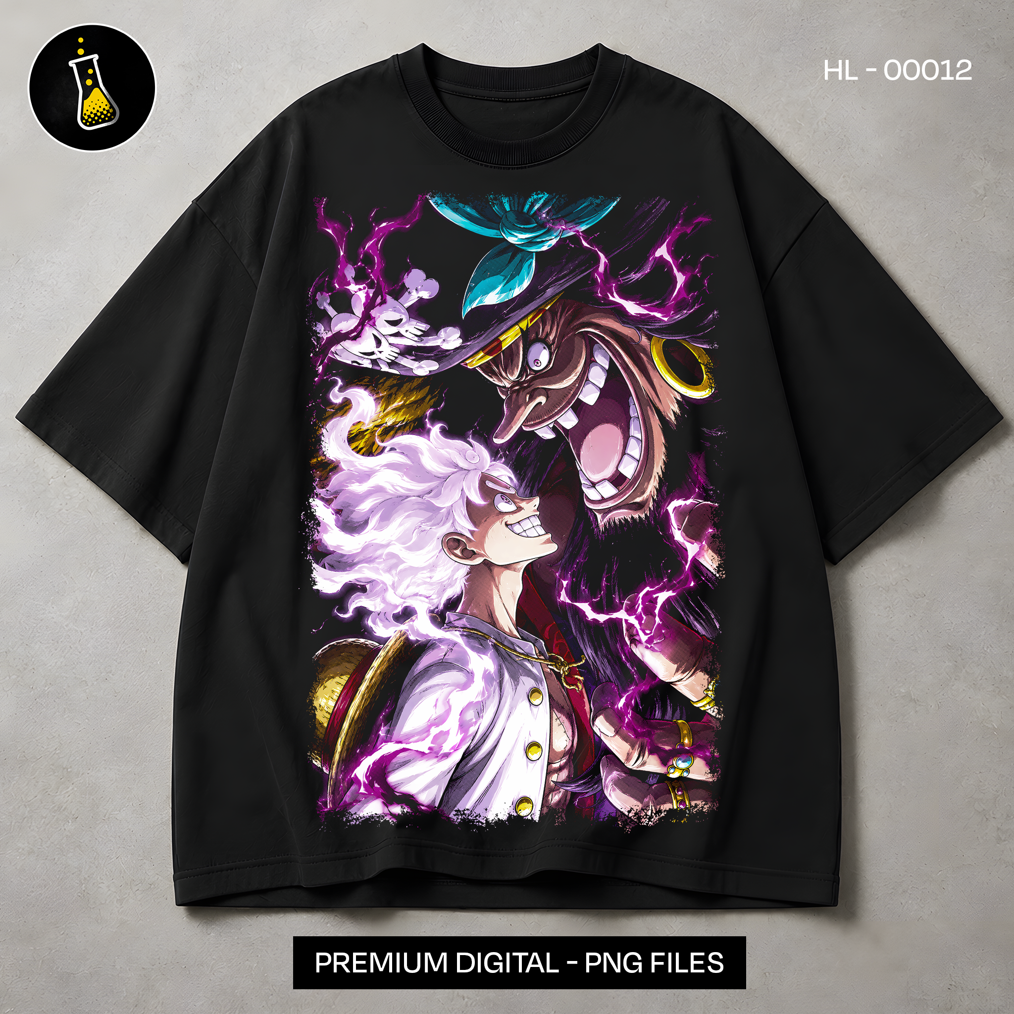 Monkey D. Luffy Gear 5 Sun God Nika Print - black t-shirt mockup HL-00012