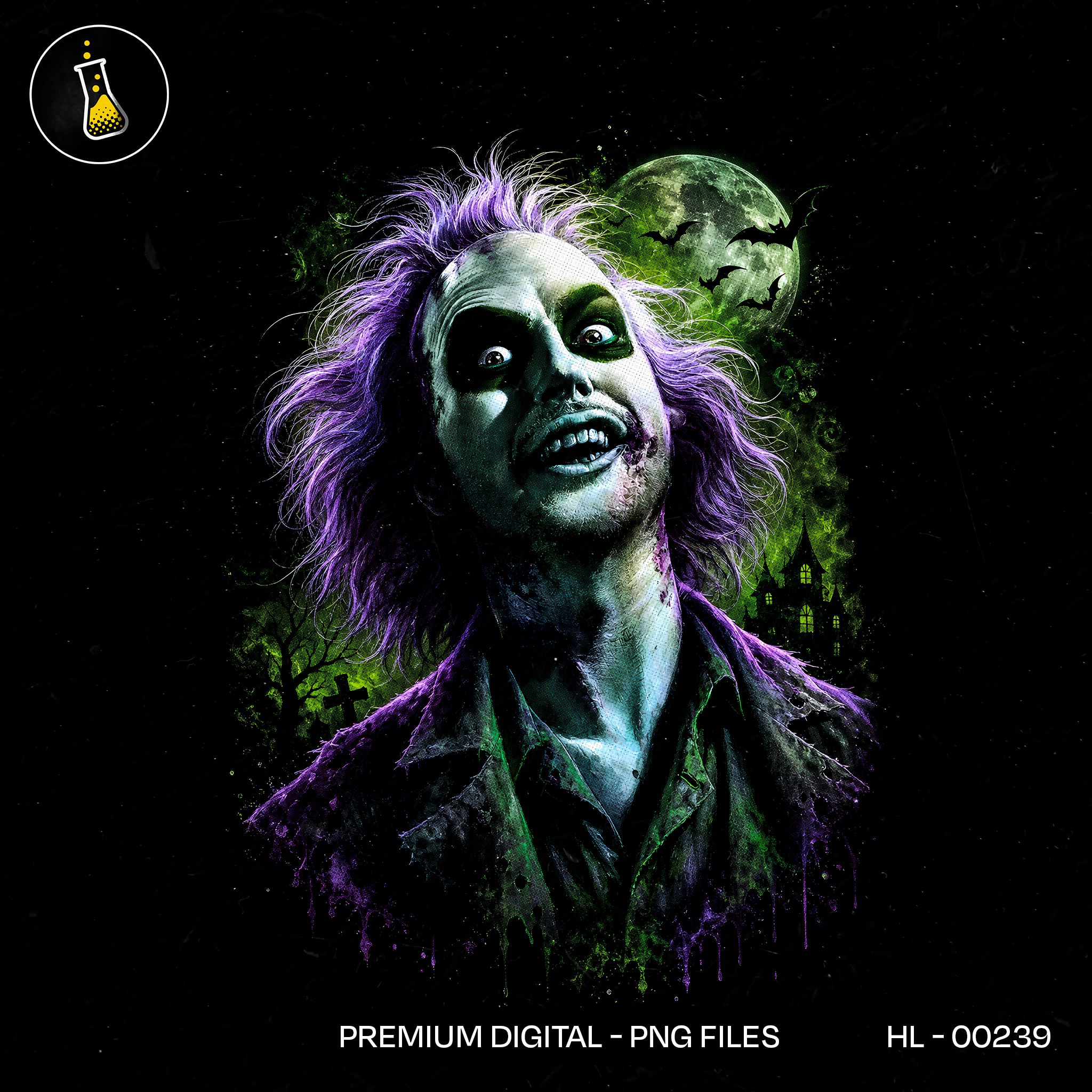 Purple Haired Ghoul Green Moon Halloween Print