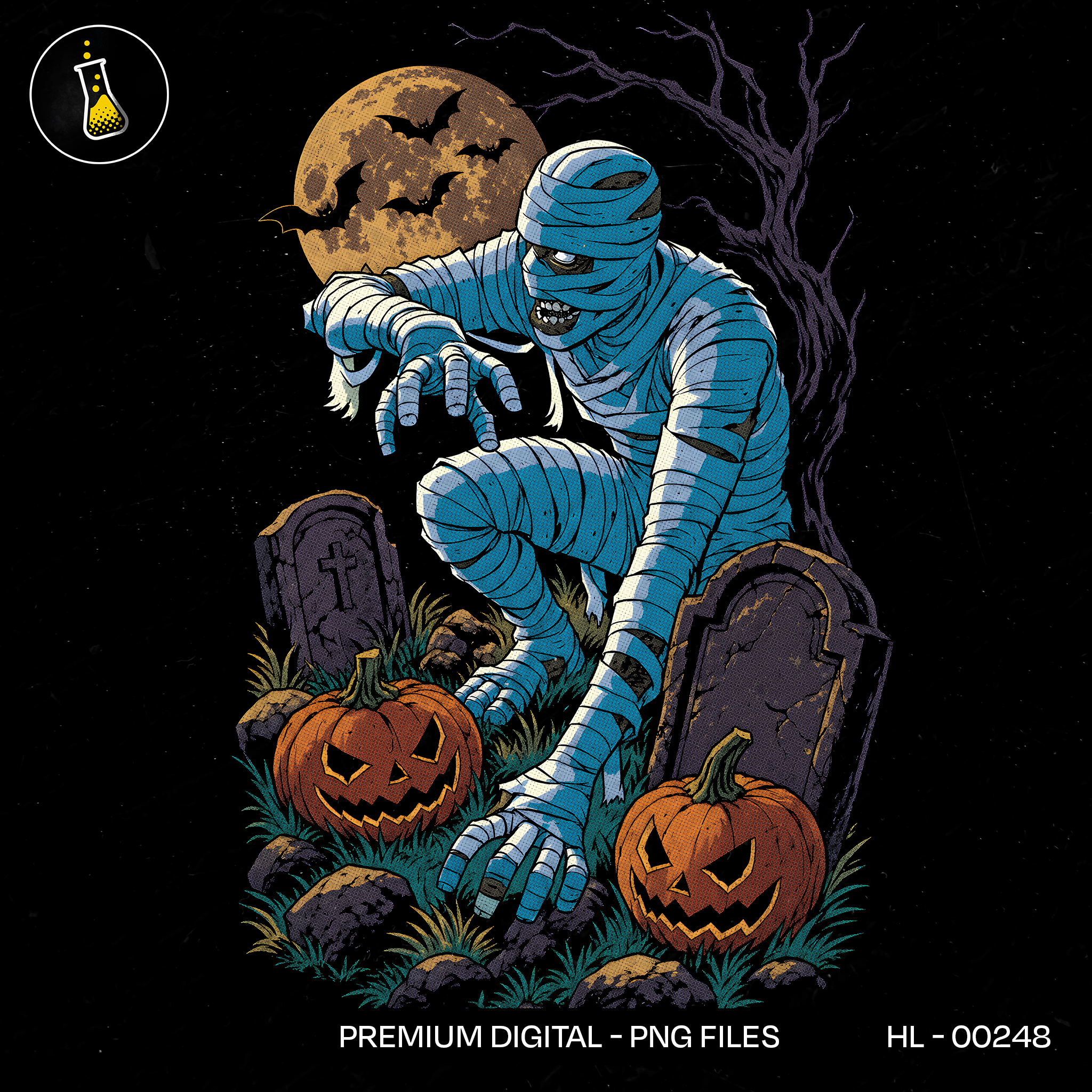 Blue Mummy Graveyard Pumpkins Halloween Print