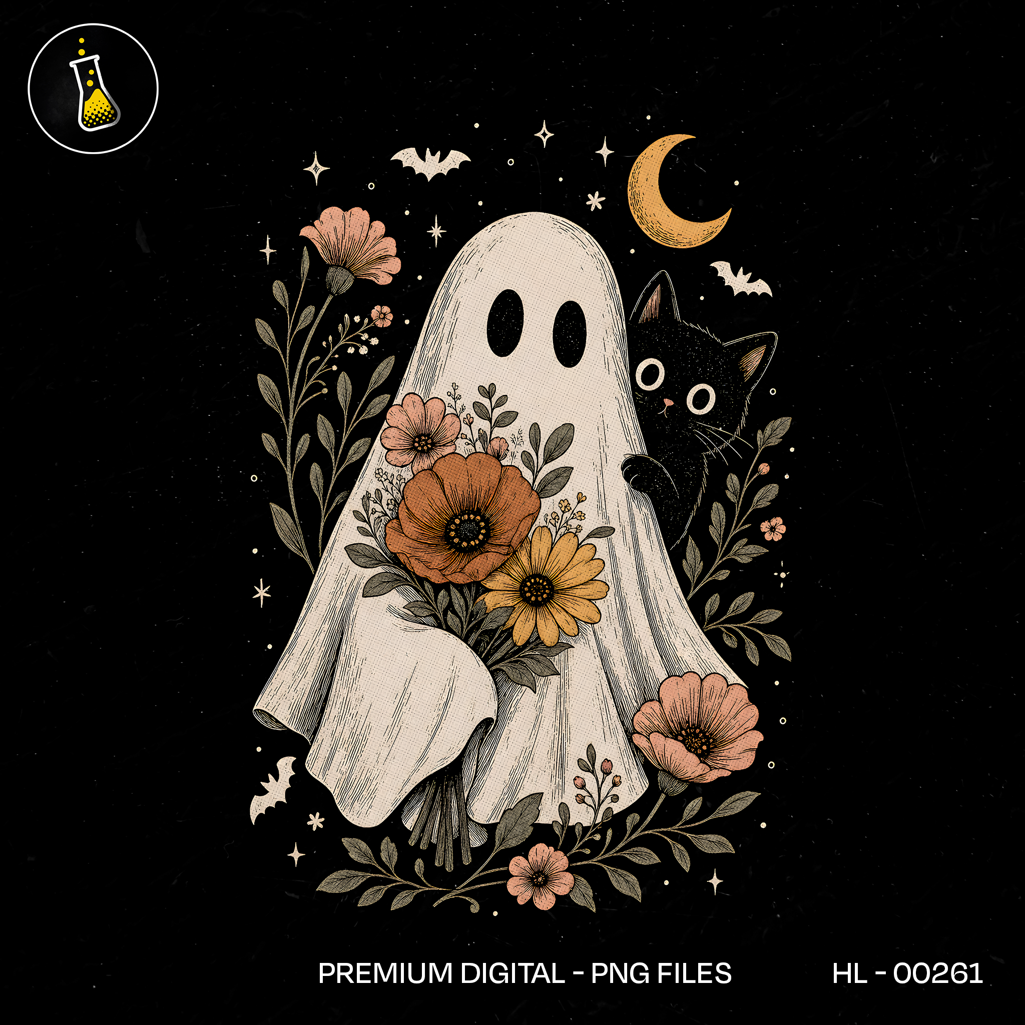 Cute Ghost Flowers Black Cat Halloween Print