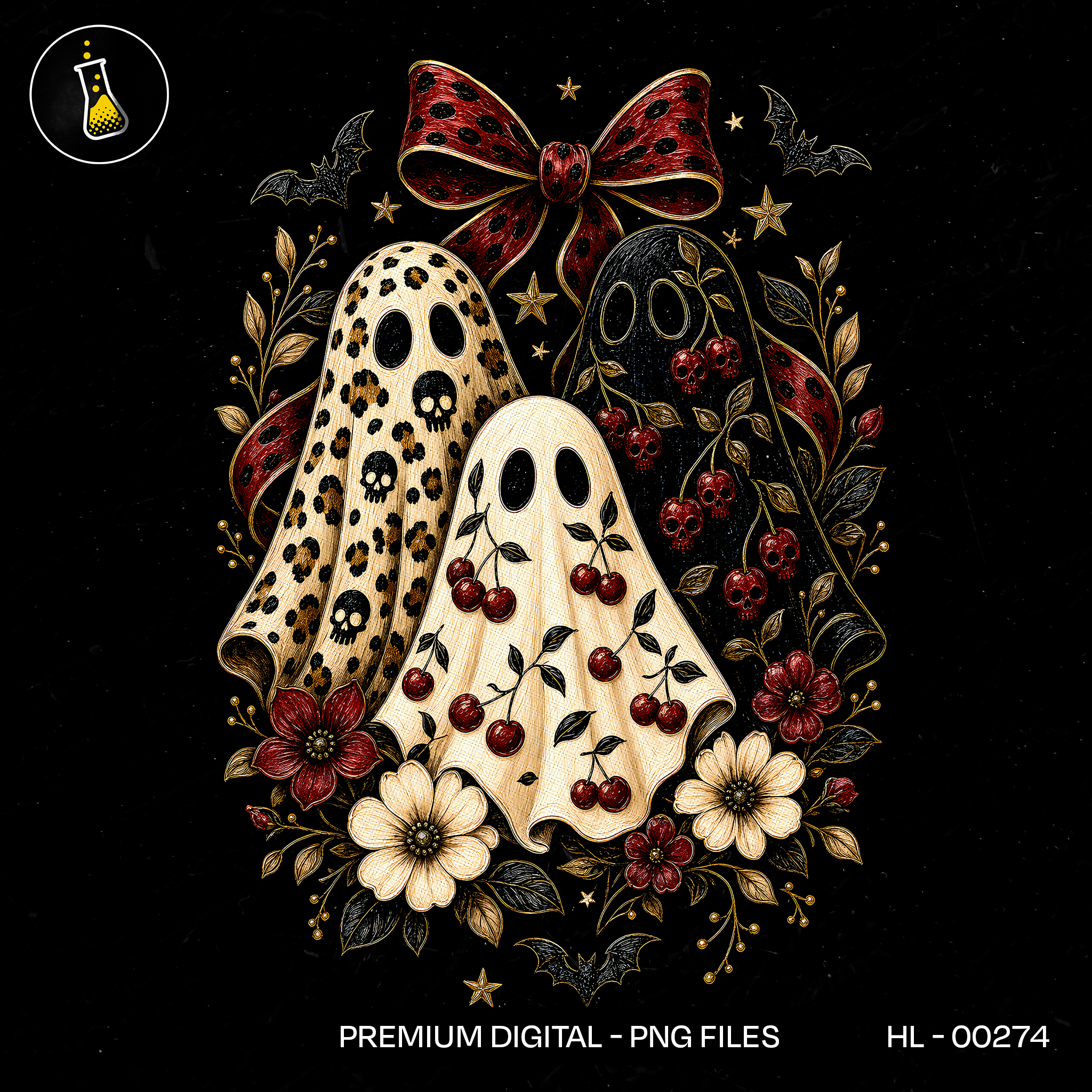 Cute Cherry Ghost Trio Floral Halloween Print