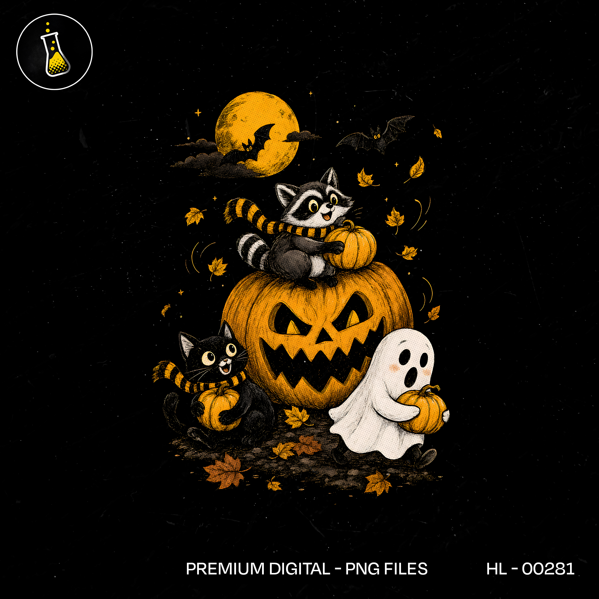 Cute Raccoon Cat Ghost Pumpkin Halloween Print