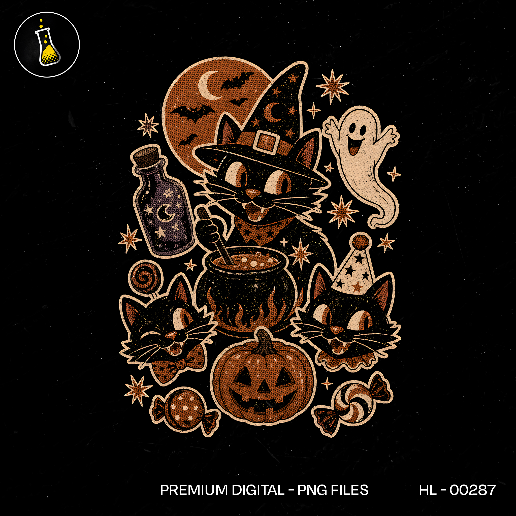 Cute Black Cats Cauldron Ghost Halloween Print