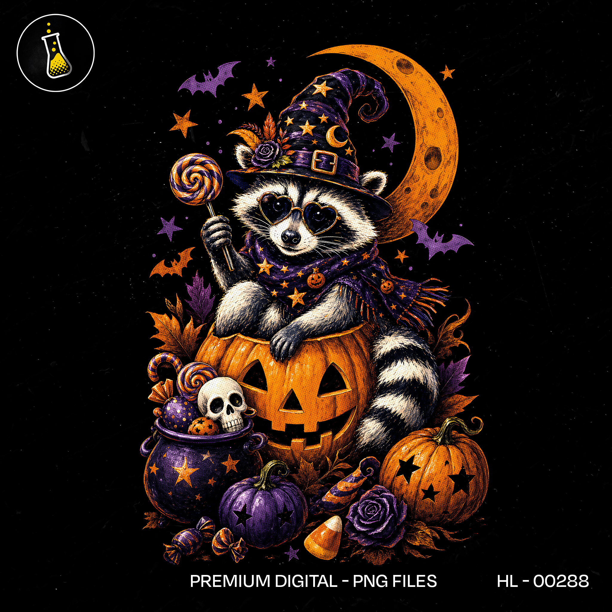 Cute Raccoon Witch Pumpkin Moon Halloween Print