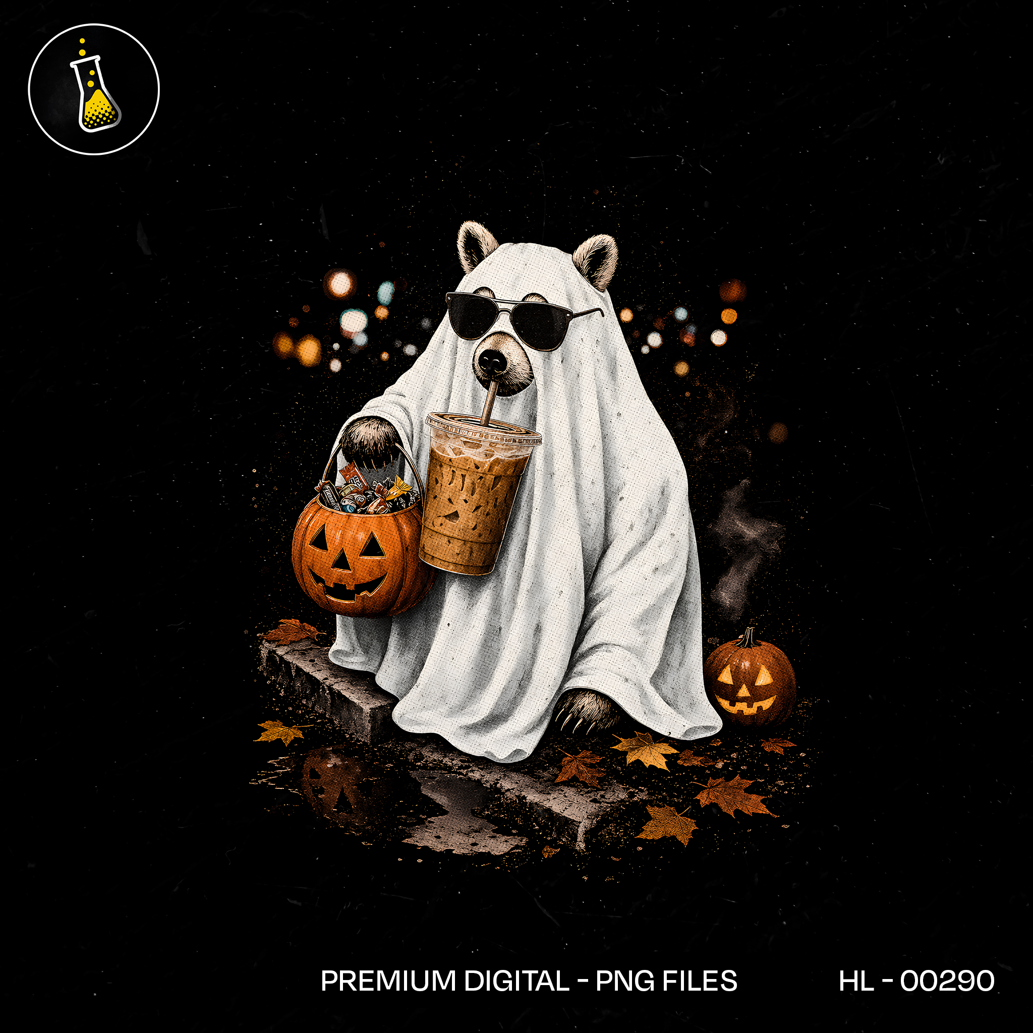 Cute Ghost Bear Coffee Pumpkin Halloween Print