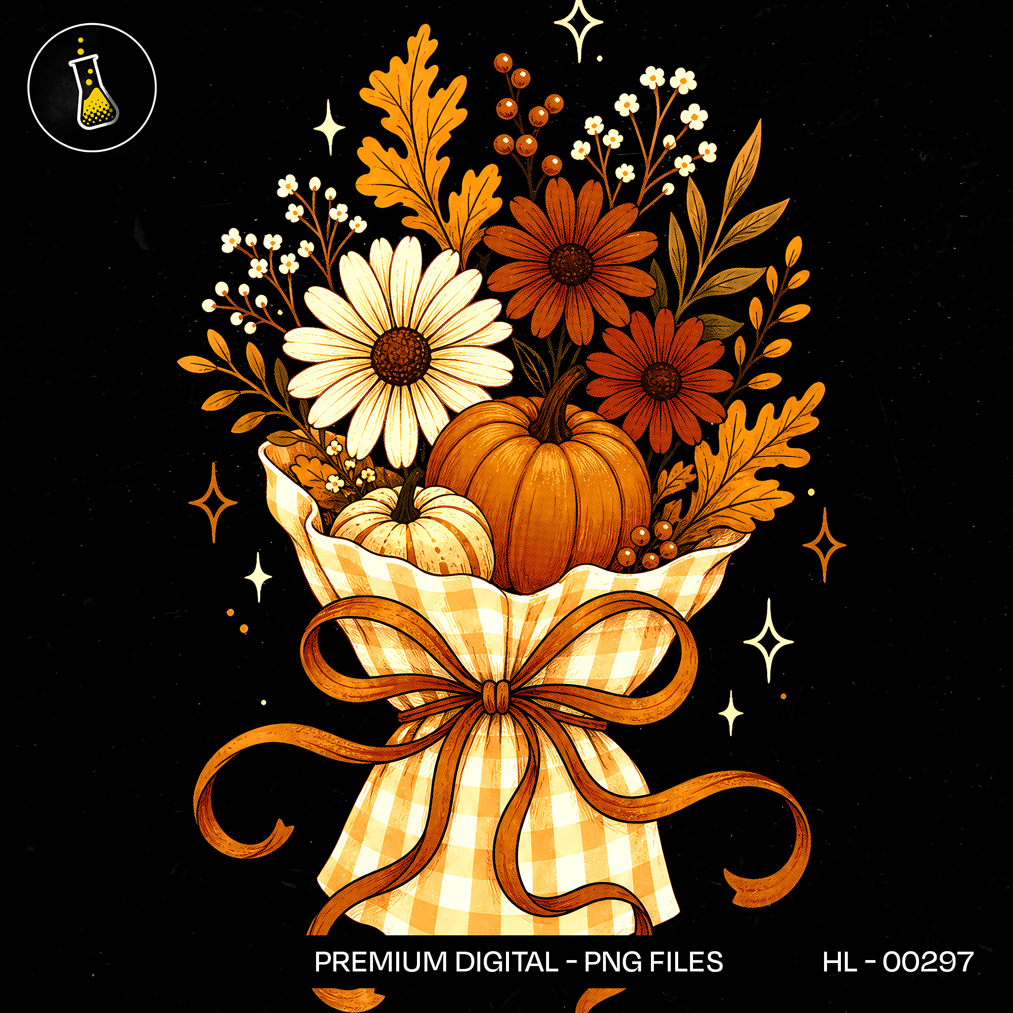 Gingham Pumpkin Daisy Bouquet Print