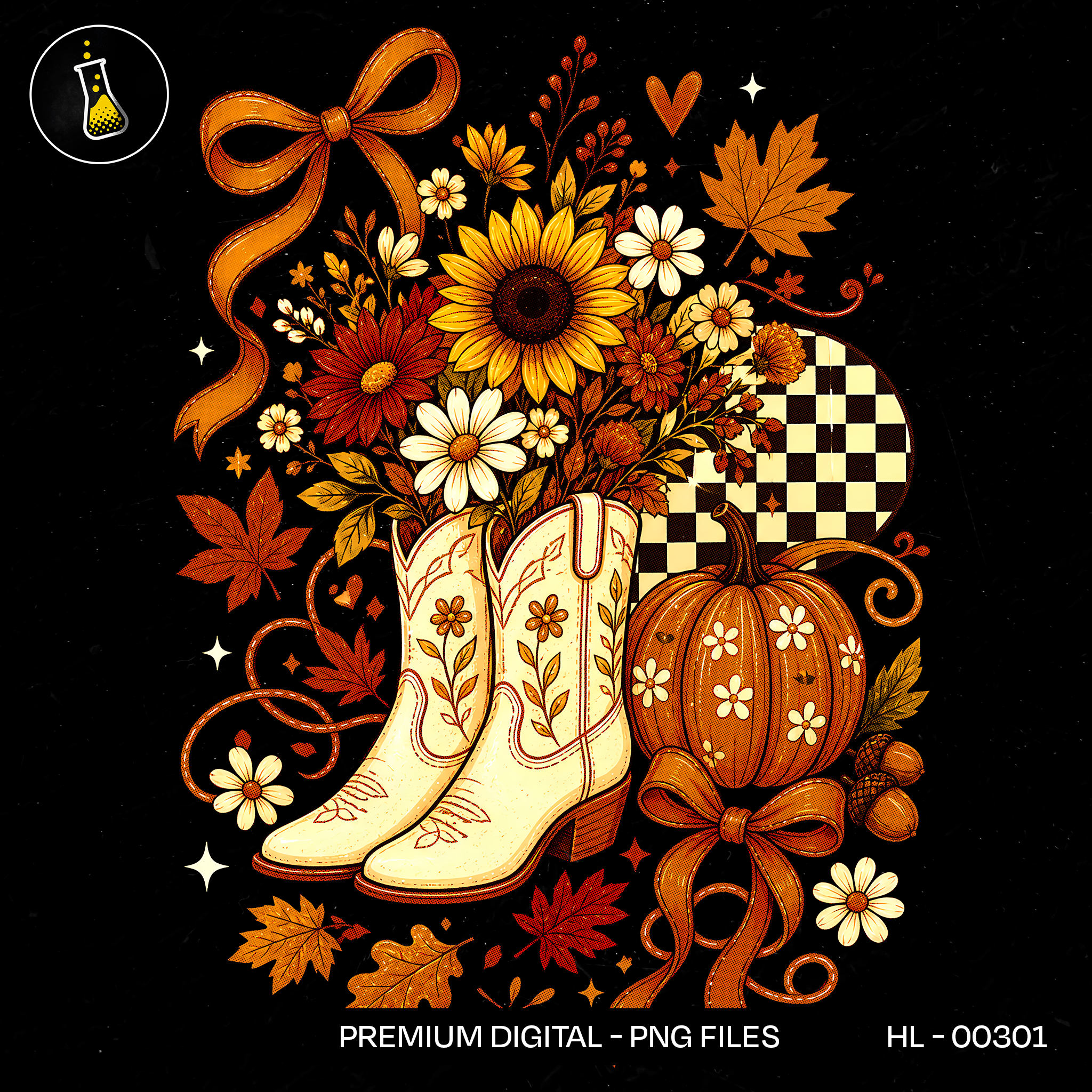 Sunflower Daisy Cowboy Boots Bouquet Print