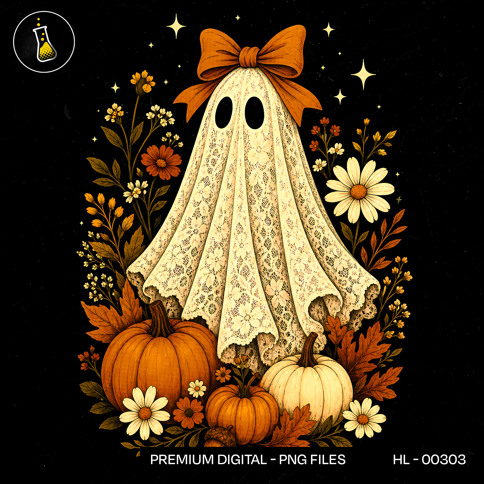 Lace Ghost Bow Pumpkin Daisy Print