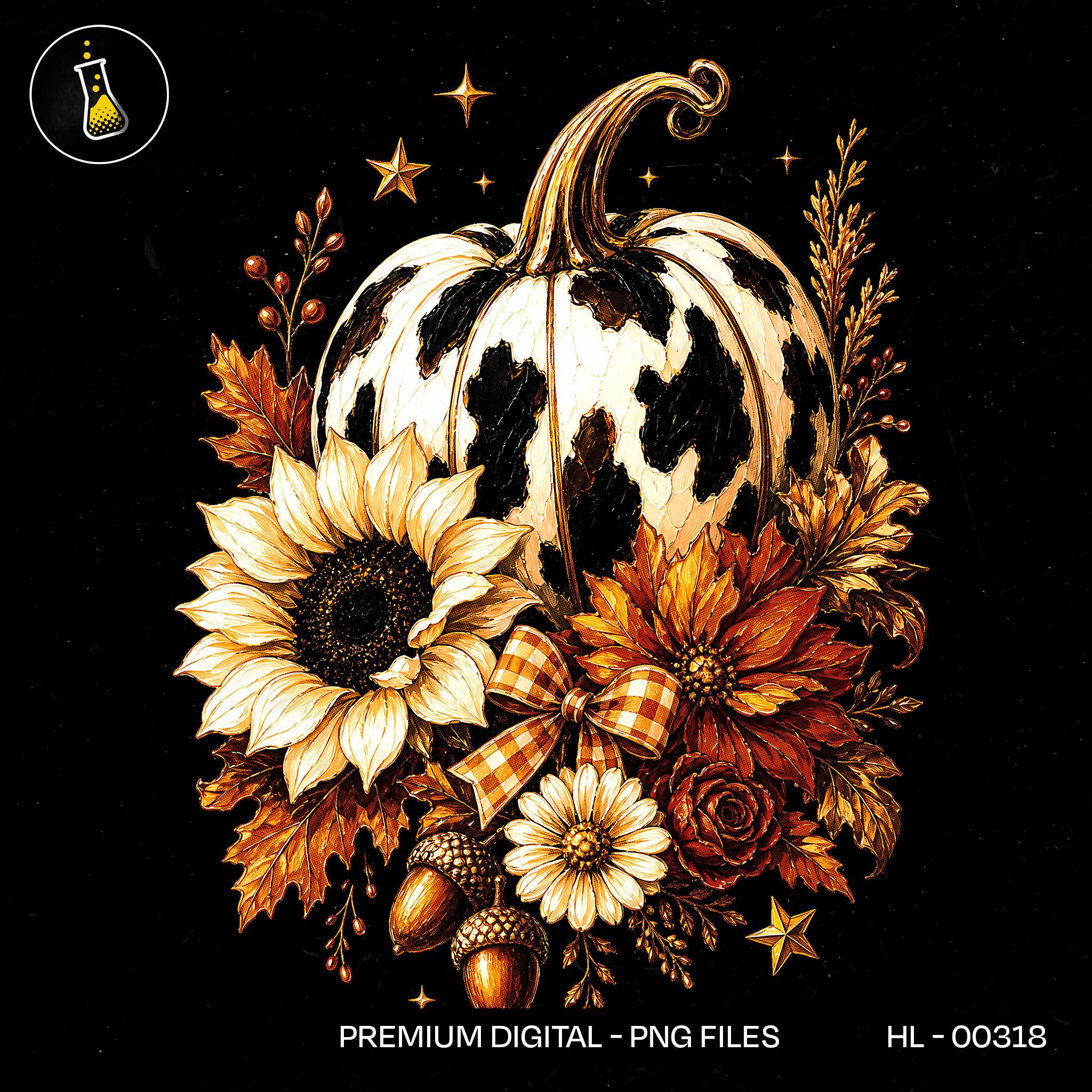 Spotted Cow Pumpkin Sunflower Rose Print