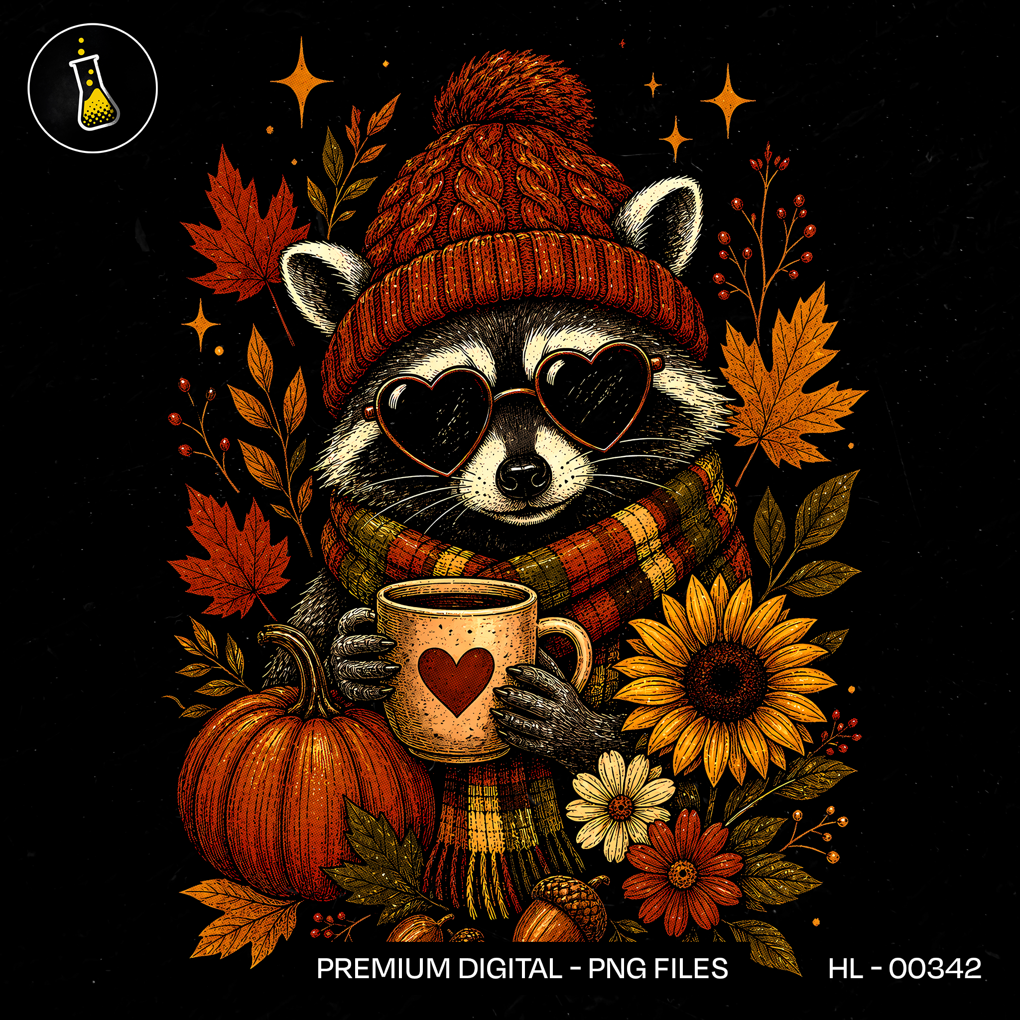 Heart Glasses Raccoon Autumn Coffee Print