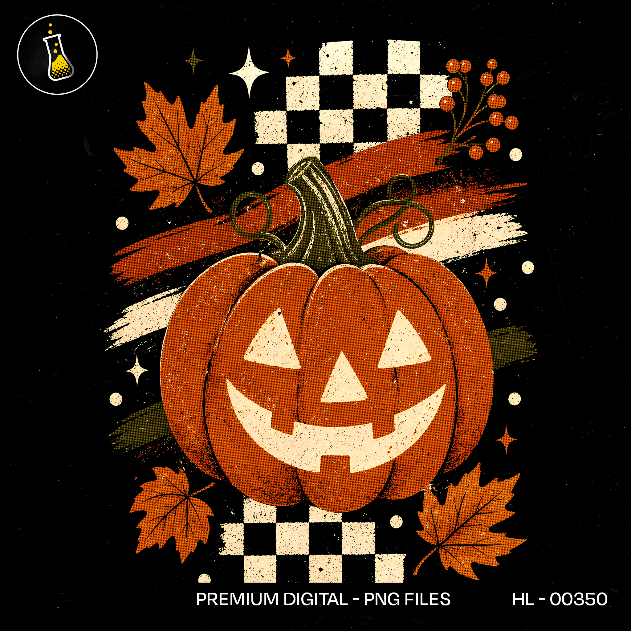 Retro Grunge Checkered Jack O Lantern Print