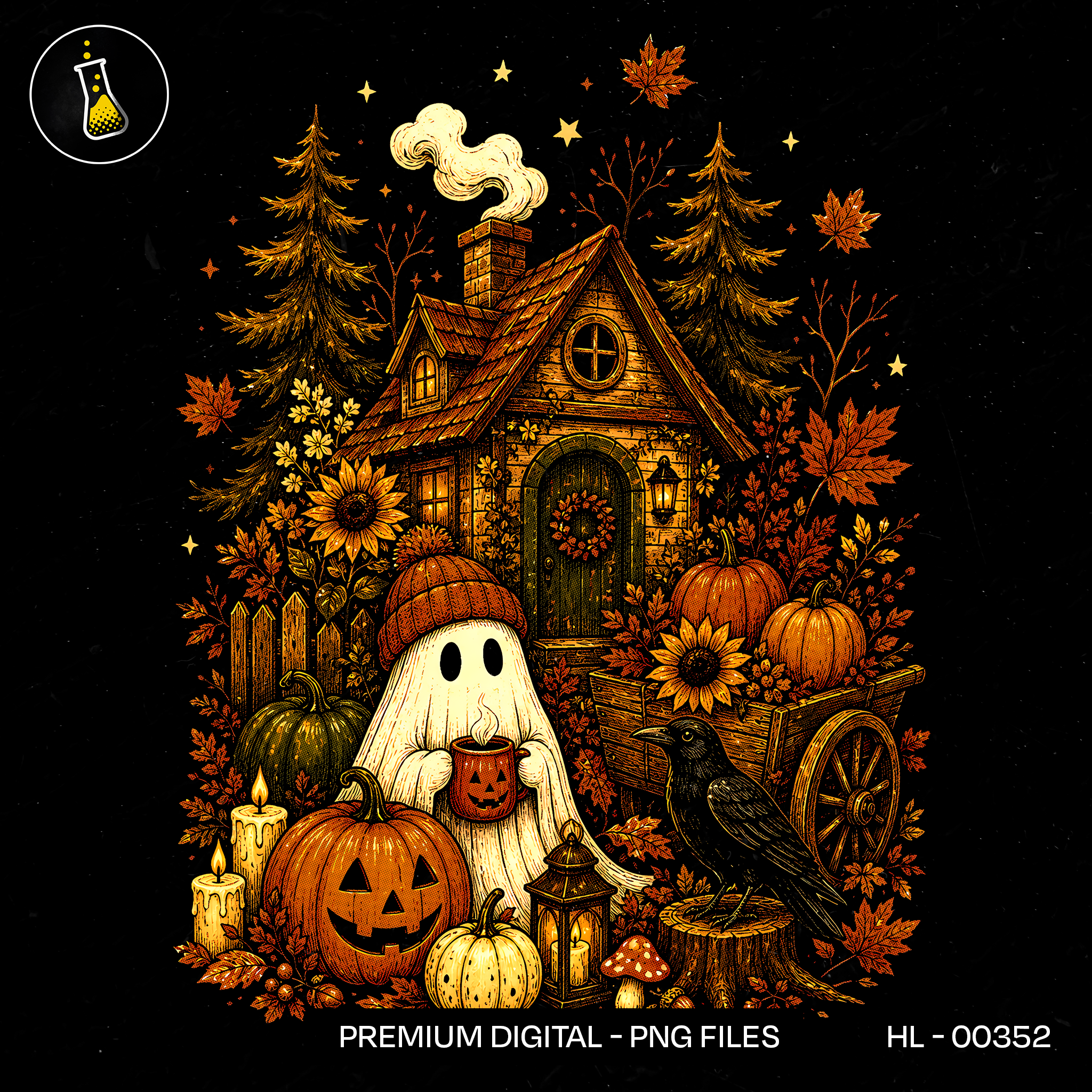 Cozy Ghost Cottage Pumpkin Patch Print
