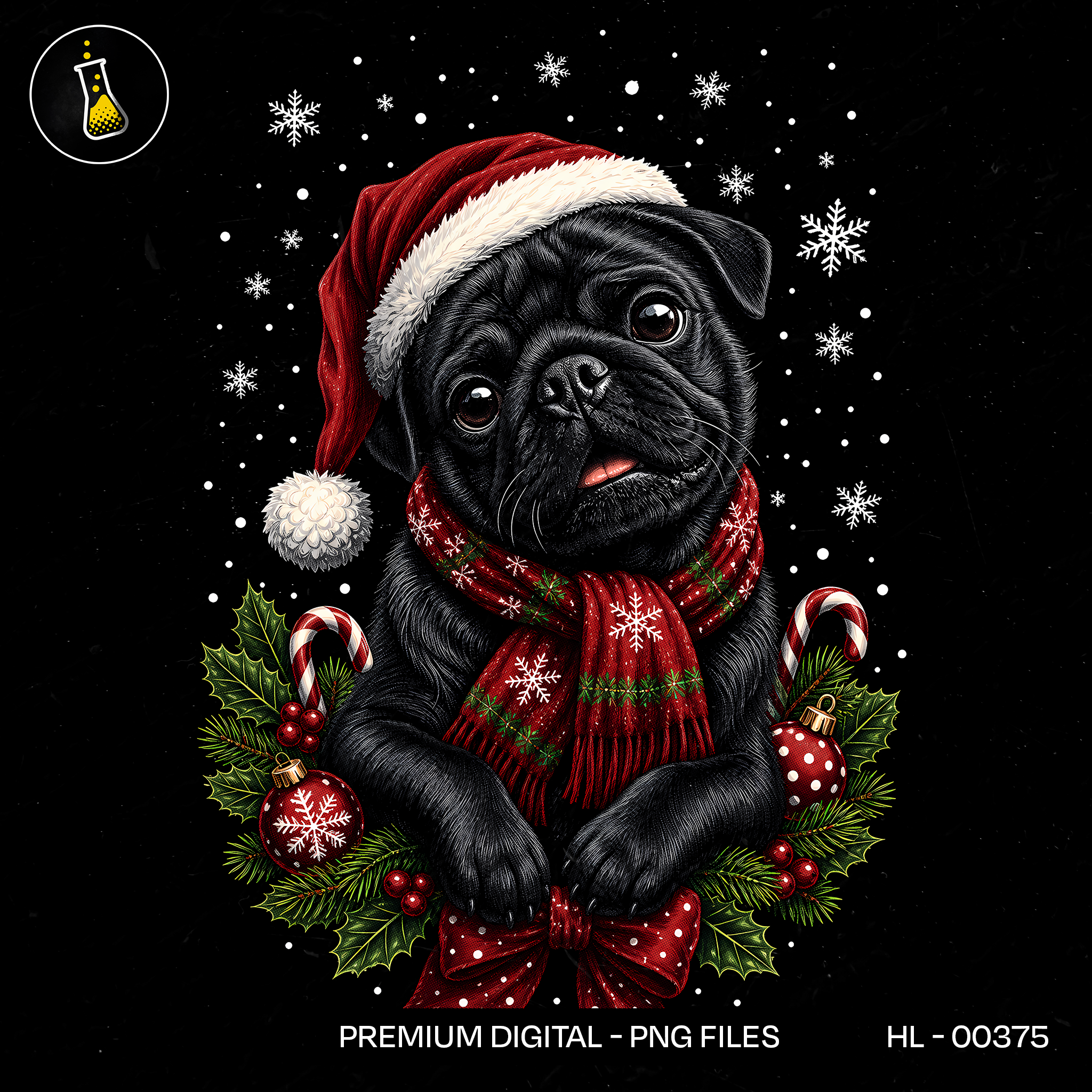 Black Pug Santa Hat Print