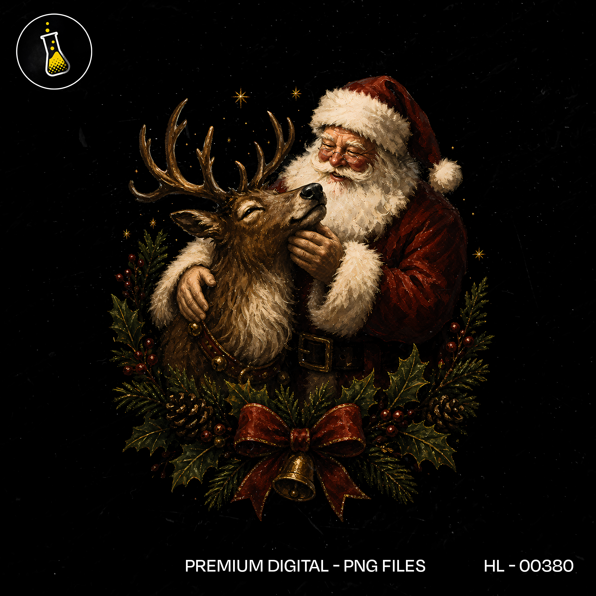 Santa Hugging Reindeer Wreath Print