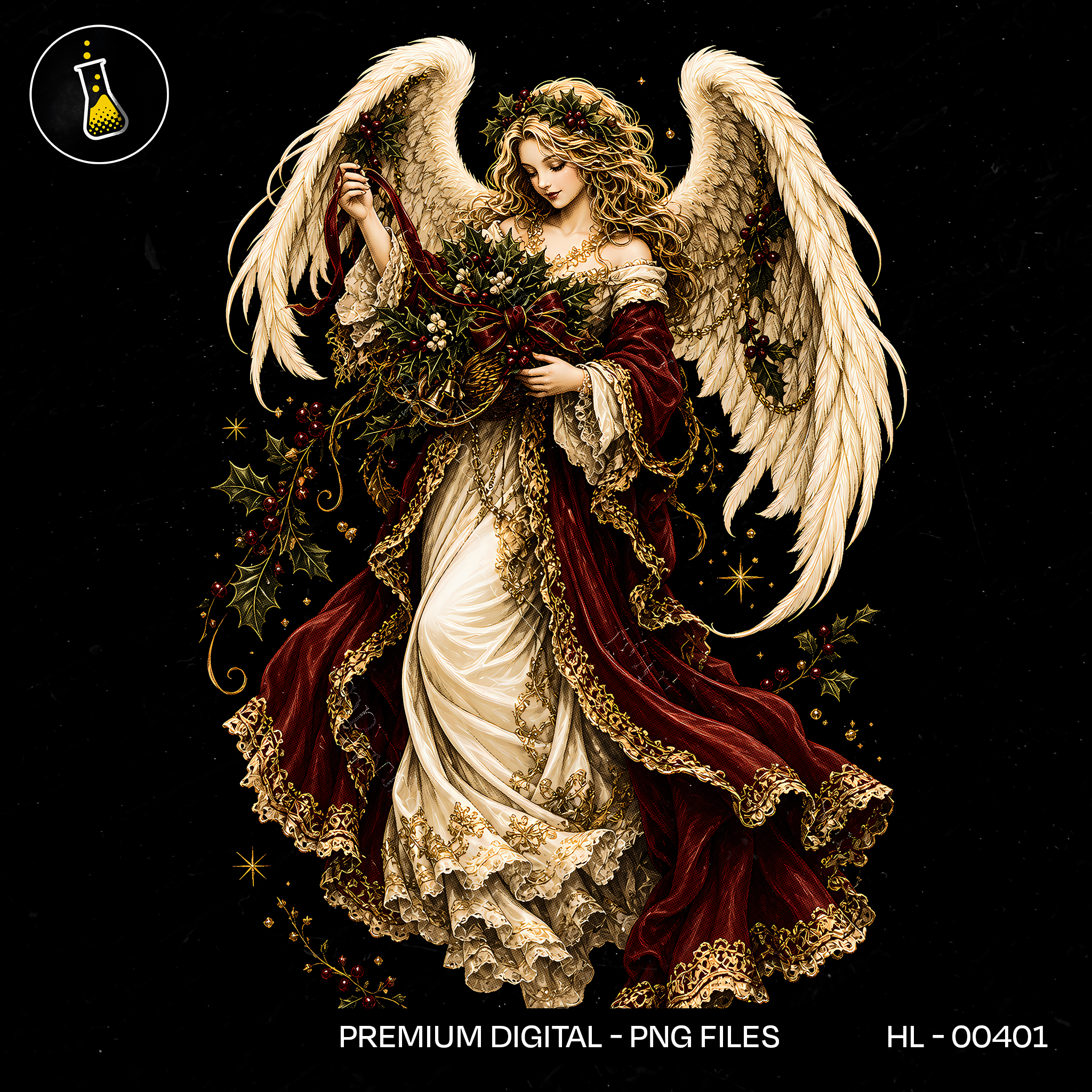 Christmas Angel Holly Wreath Print