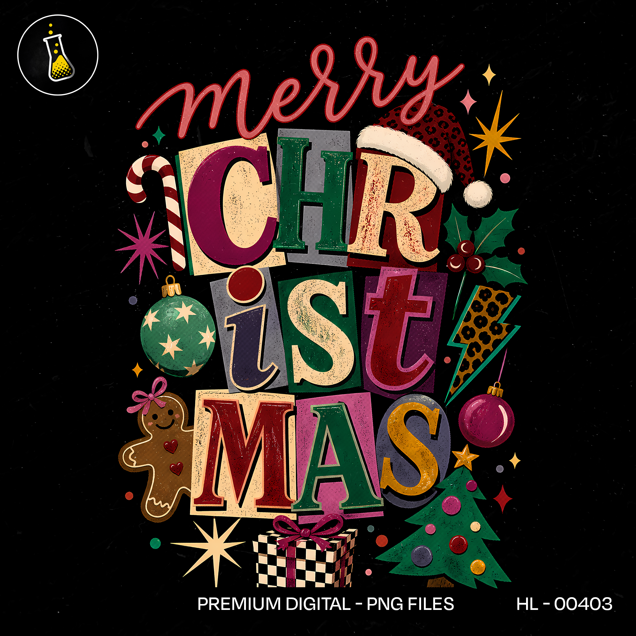 Retro Merry Christmas Lettering Print
