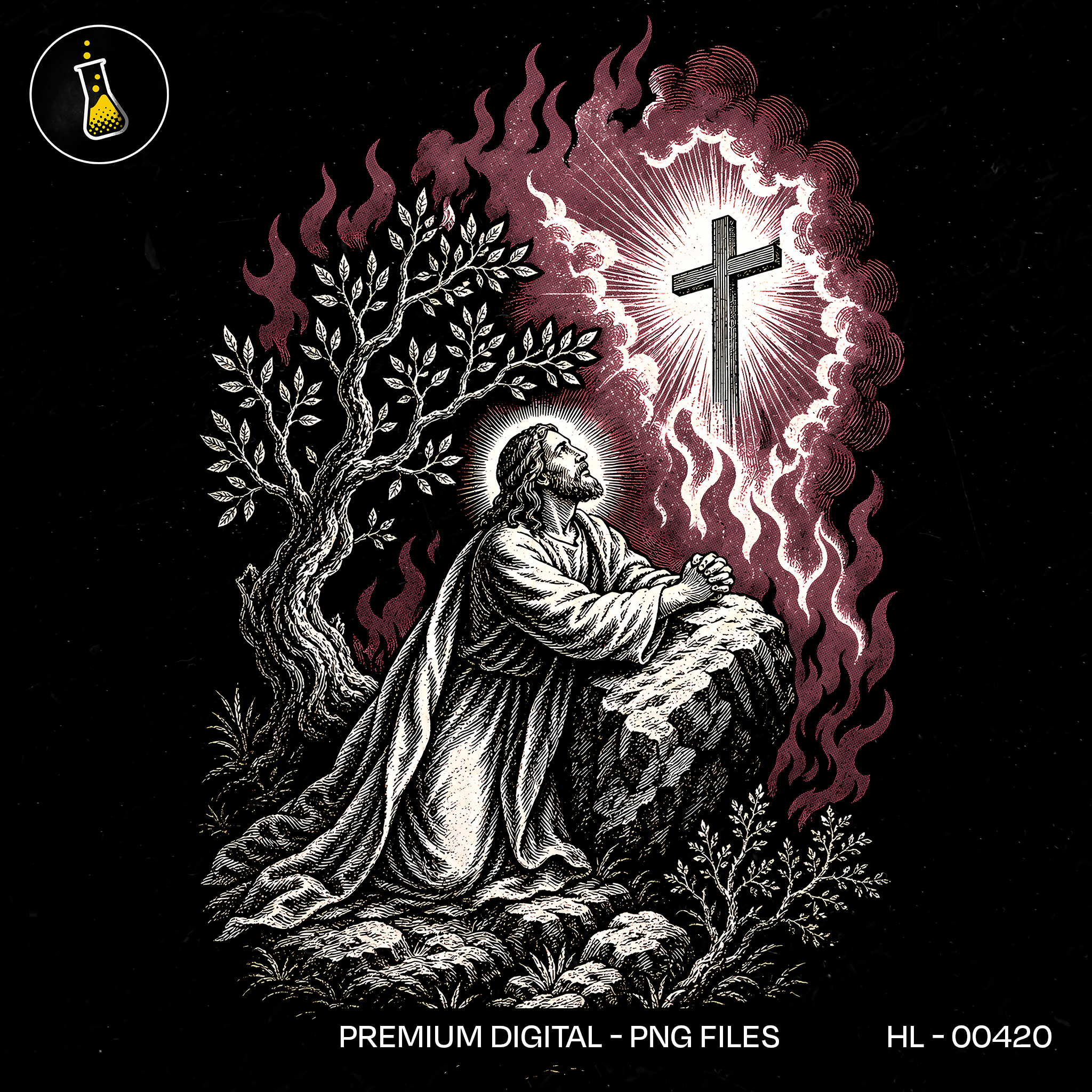 Jesus Praying Before Glowing Cross Print